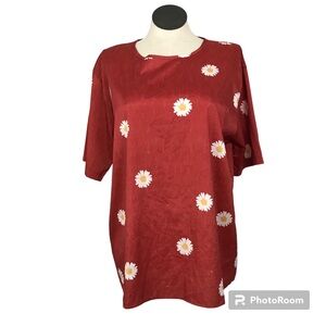 Pullover Short Sleeves Tunic Top Women’s Size 2XL Brown Red Round Neck Daisies.